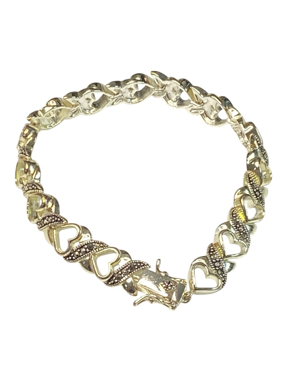 Vintage Sterling Silver Marcasite Open Heart XO Links Bracelet 7" CW